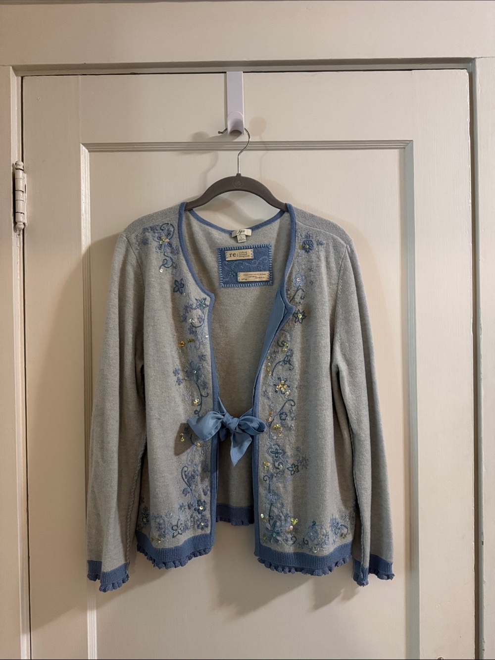 J. Jill Light Blue Embroidered Tie-Front Cardigan